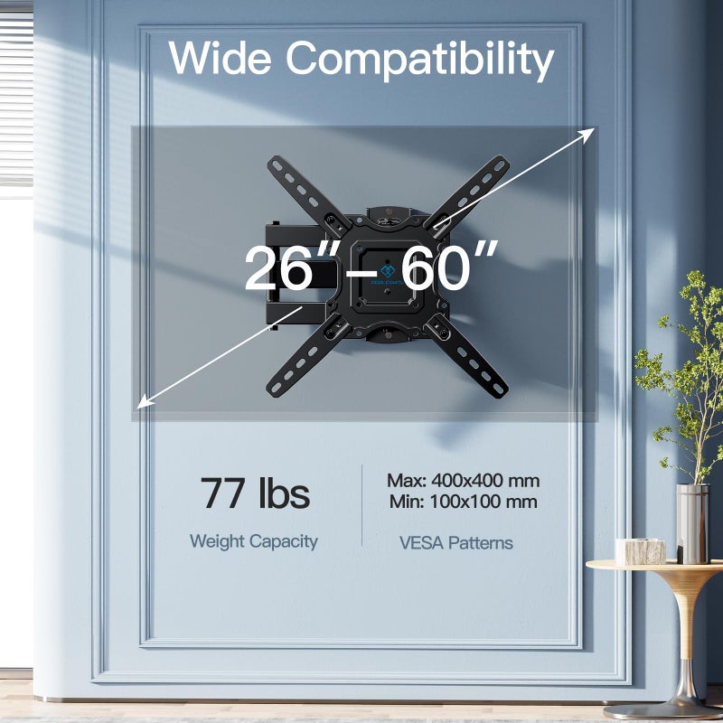 PERLESMITH Full Motion TV Wall Mount for Most 26-60 inch Flat Curved OLED 4K TVs up to 77lbs, Wall Mount TV Bracket with Swivel & Extension Arm, Tilt, Leveling, Max VESA 400x400mm, PSMFK12 - Image 2